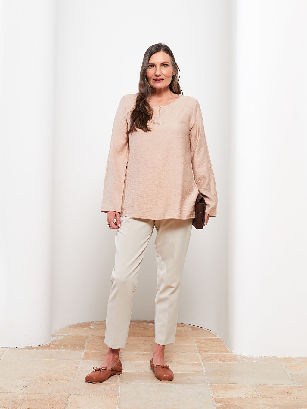 Crew Neck Plain Long Sleeve Women's Blouse