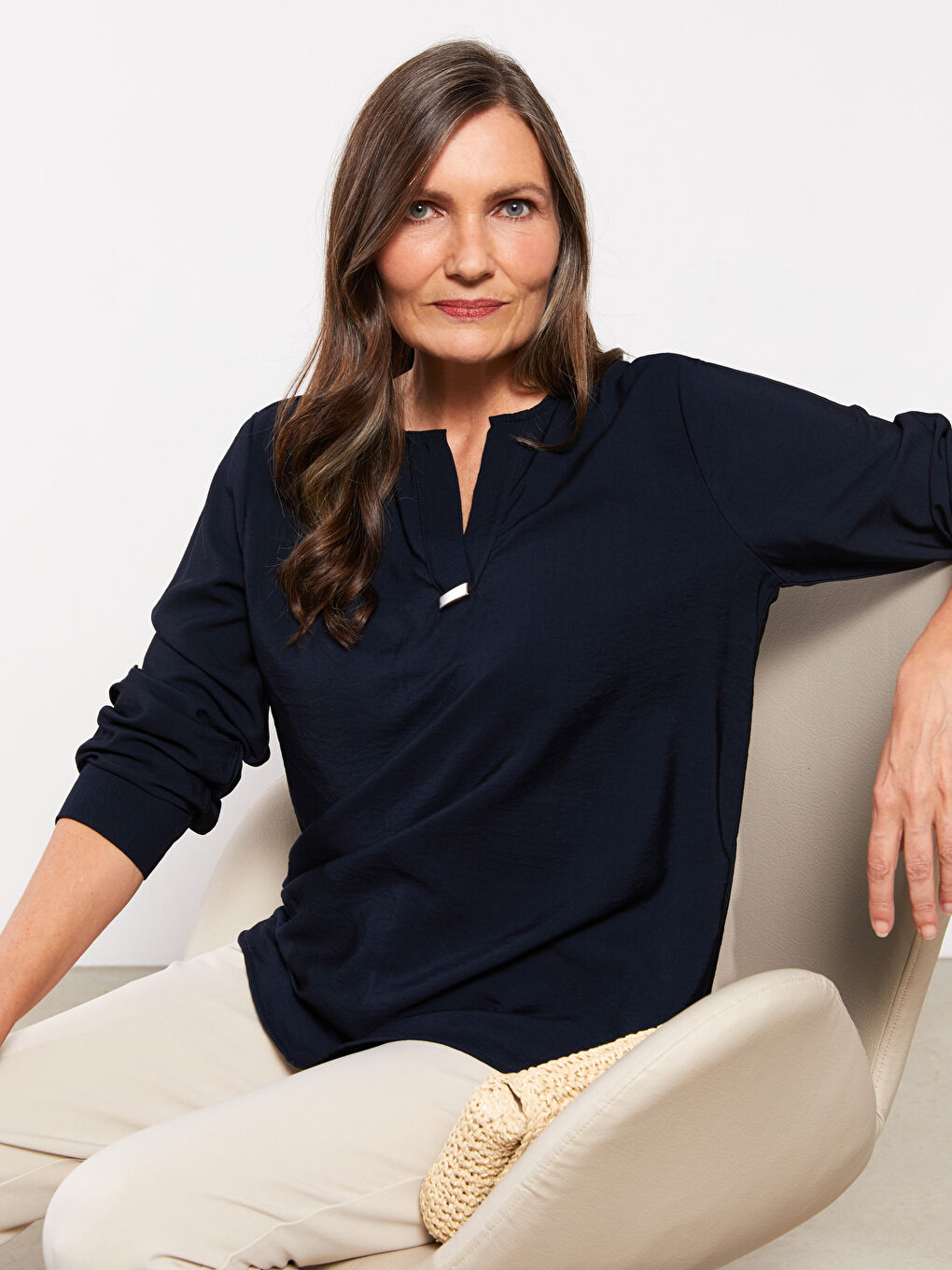 LCW Grace Notch Neck Plain Long Sleeve Women's Blouse -S2JB53Z8-E1J