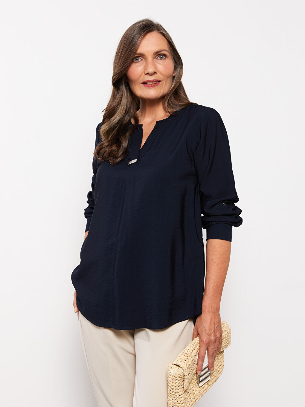 LCW Grace Notch Neck Plain Long Sleeve Women's Blouse -S2JB53Z8-E1J