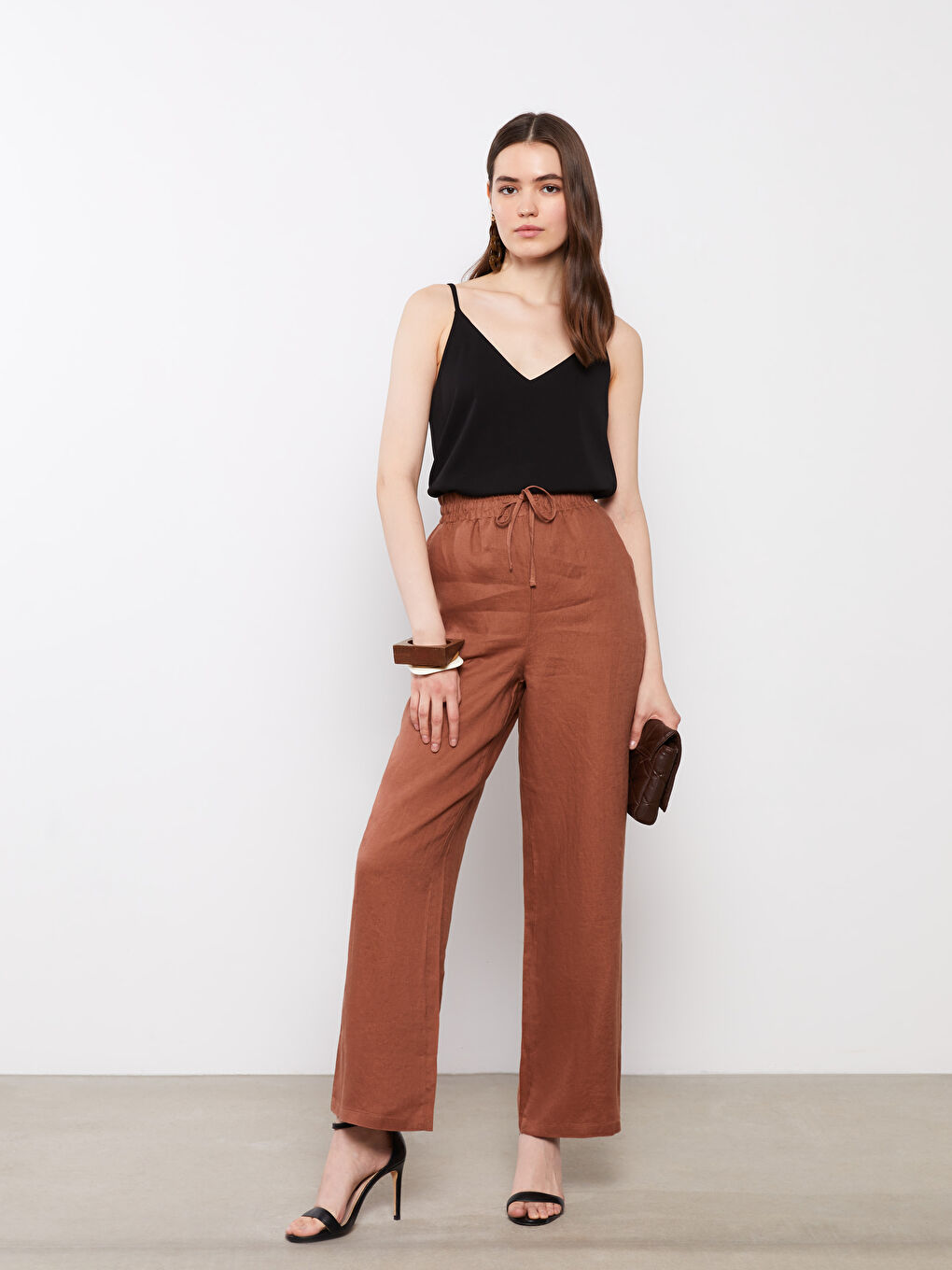 Kahverengi Beli Lastikli %100 Keten Kadın Pantolon