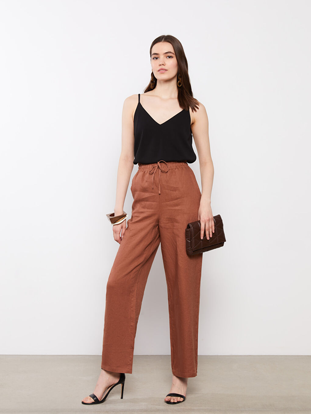 Kahverengi Beli Lastikli %100 Keten Kadın Pantolon-1