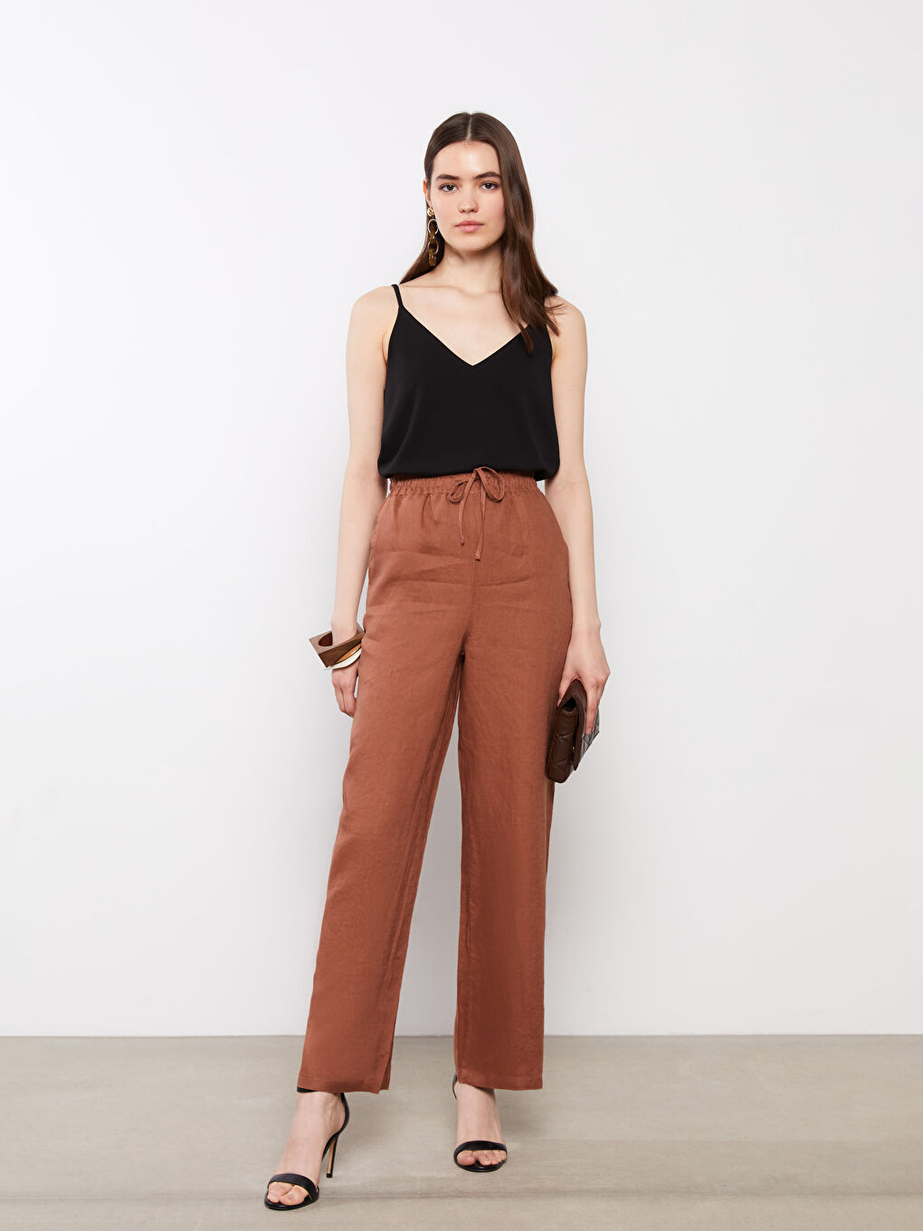 Kahverengi Beli Lastikli %100 Keten Kadın Pantolon-2
