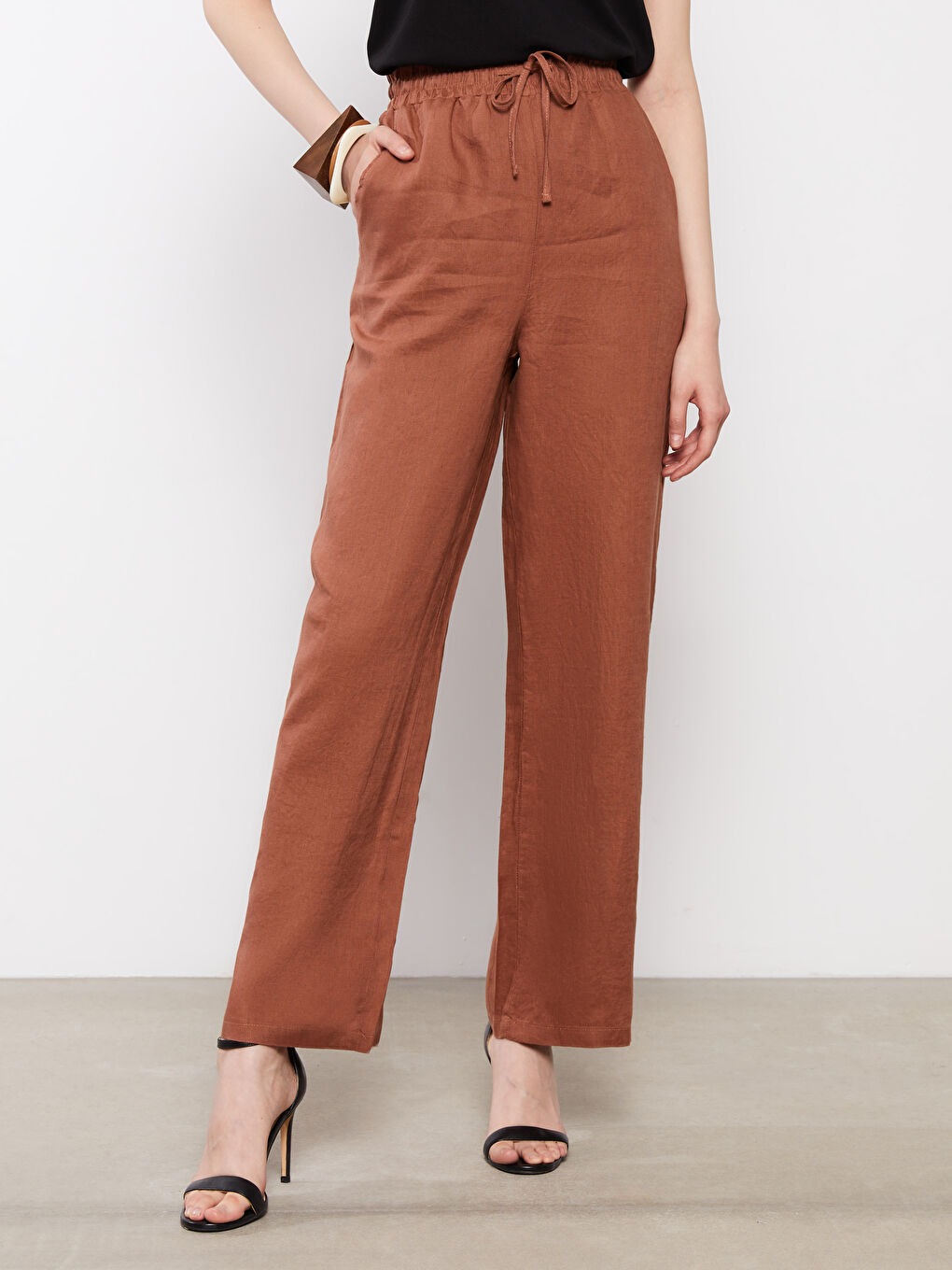 Kahverengi Beli Lastikli %100 Keten Kadın Pantolon-4