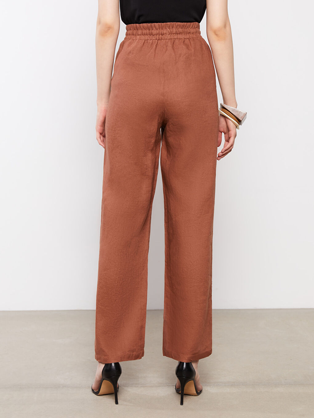 Kahverengi Beli Lastikli %100 Keten Kadın Pantolon-5
