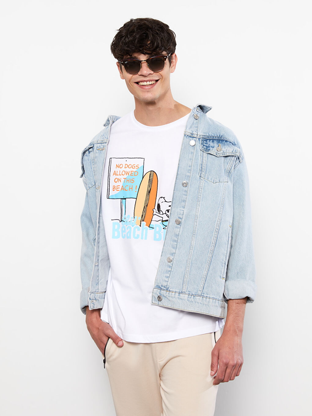 Crew Neck Short Sleeve Snoopy Printed Men's Cotton T-Shirt