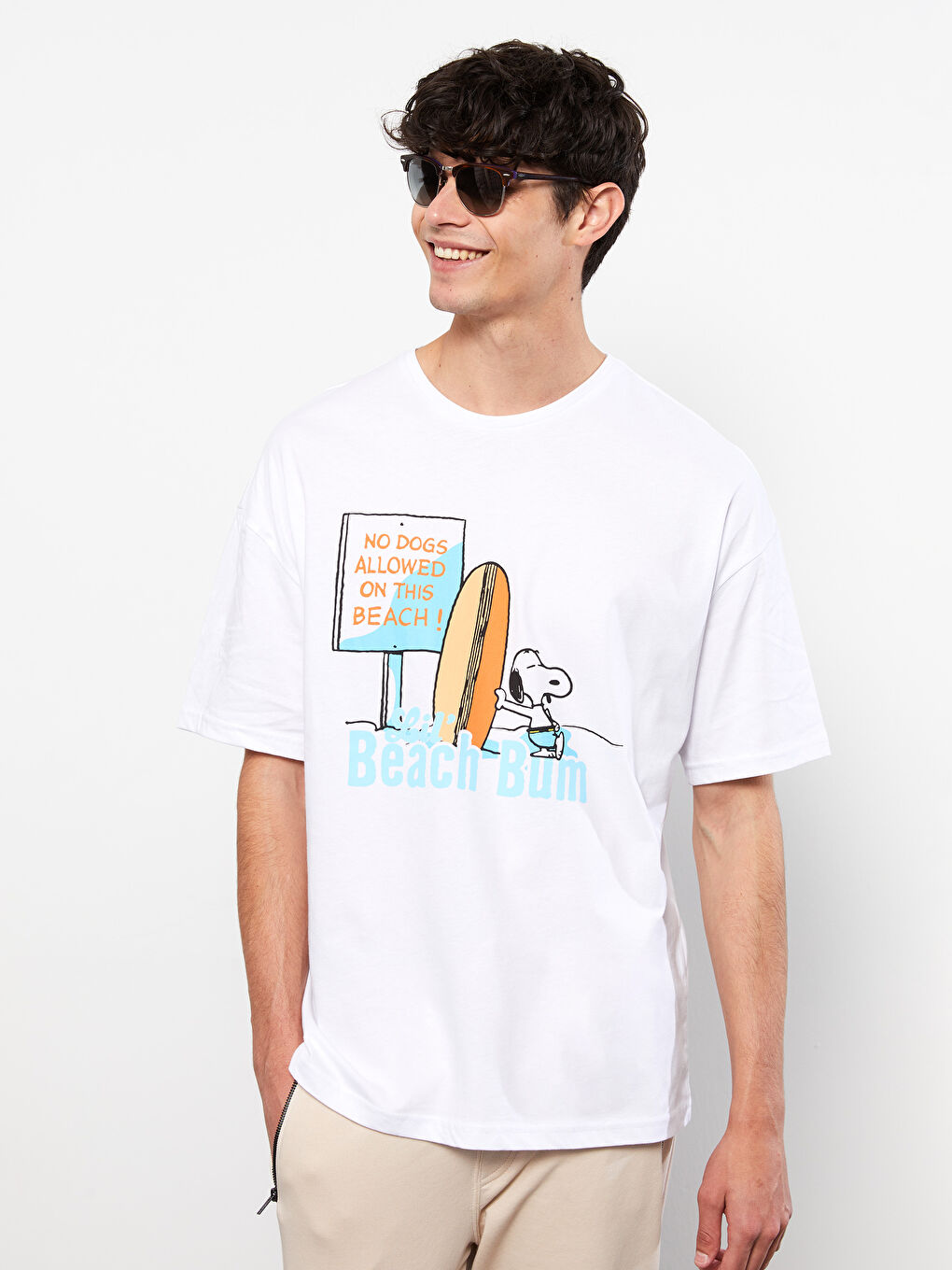 Crew Neck Short Sleeve Snoopy Printed Men's Cotton T-Shirt-1