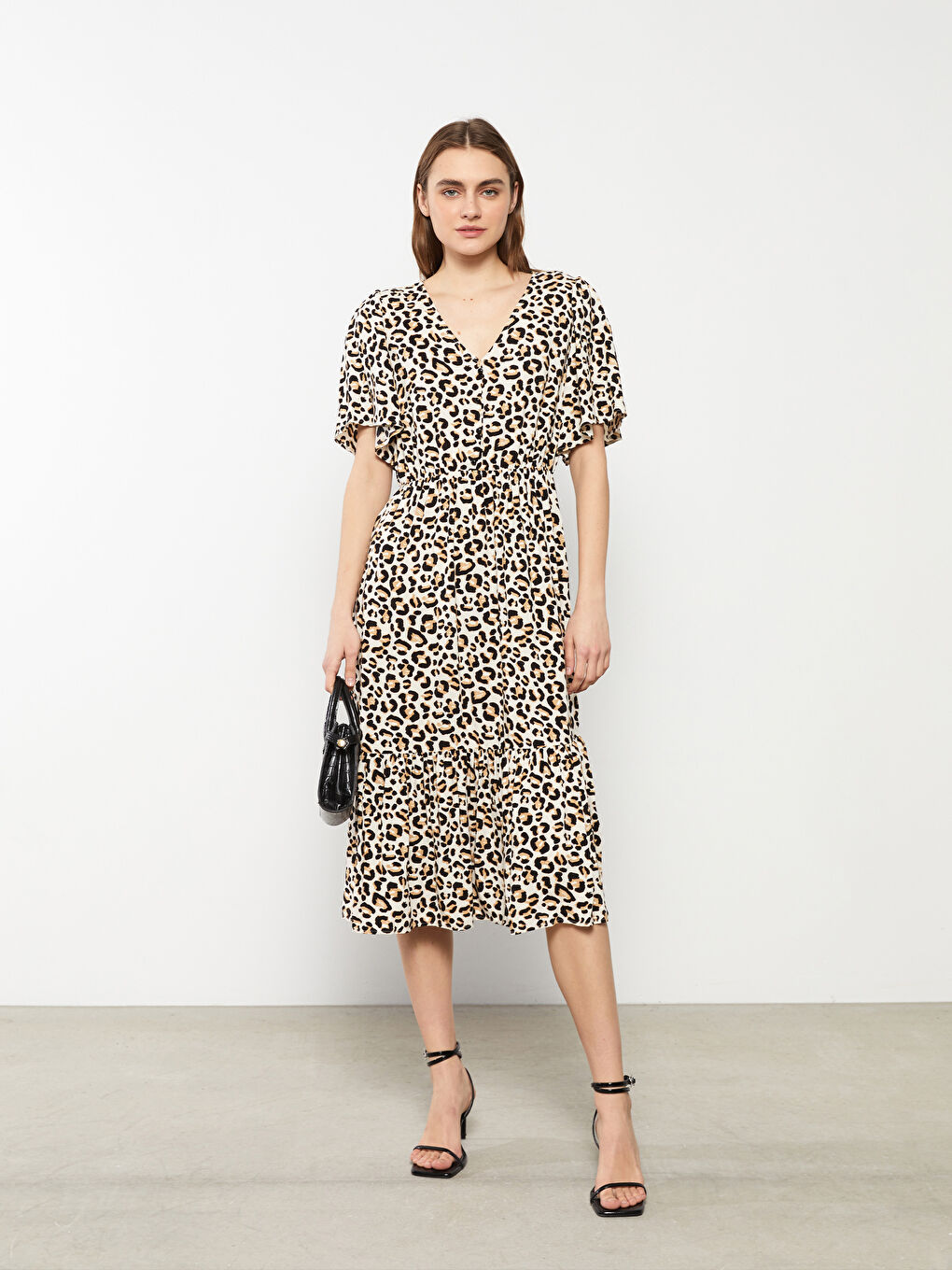 V Neck Patterned Short Sleeve Viscose Women Dress