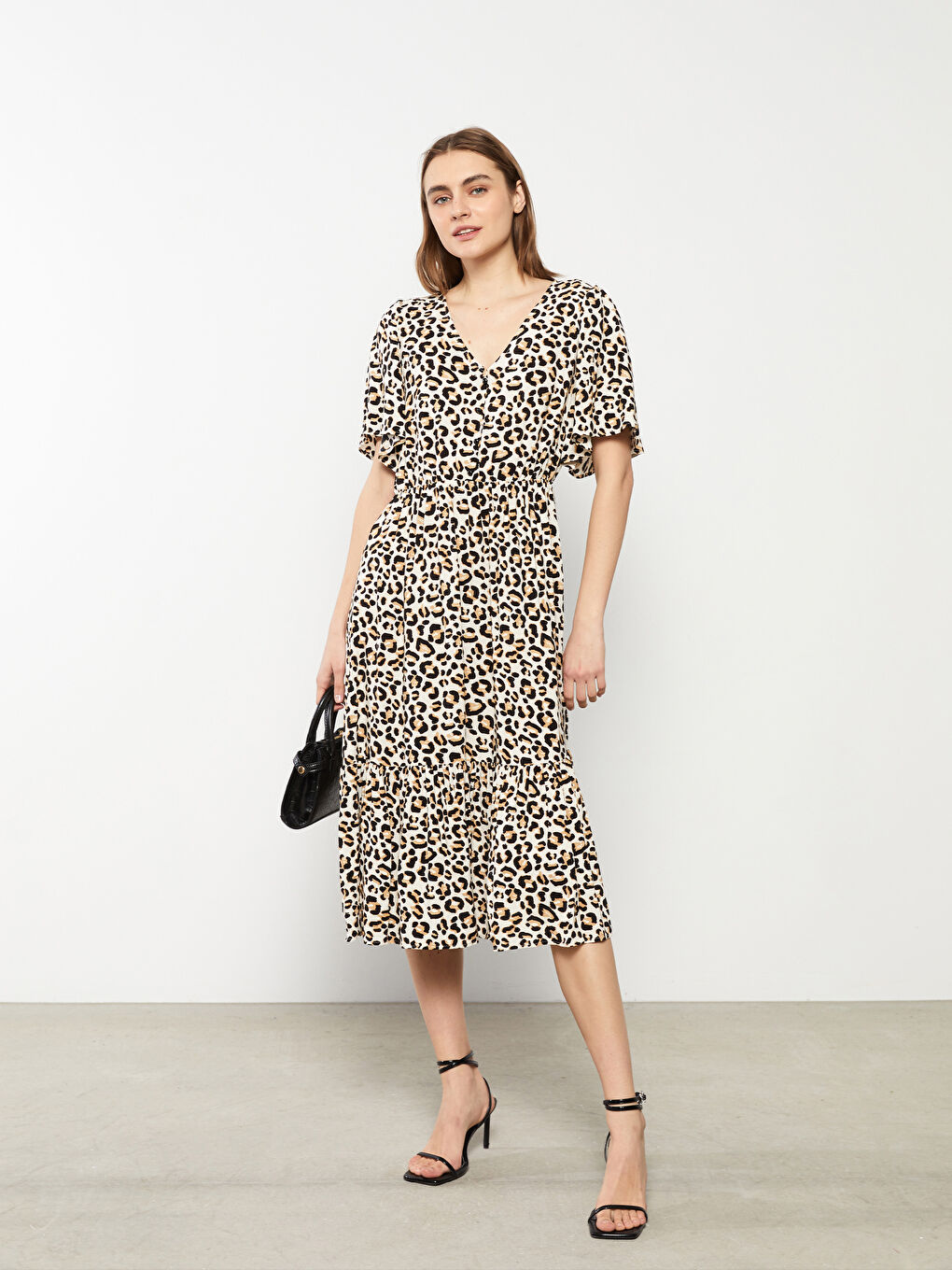 V Neck Patterned Short Sleeve Viscose Women Dress-1