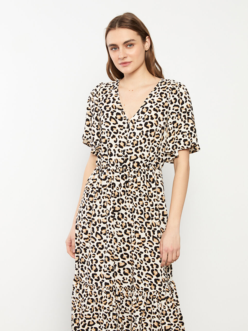 V Neck Patterned Short Sleeve Viscose Women Dress-2