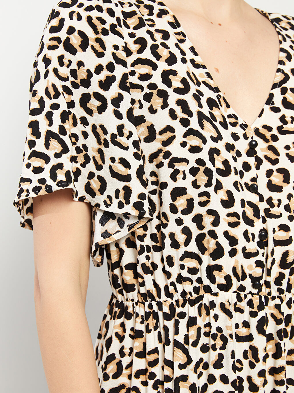 V Neck Patterned Short Sleeve Viscose Women Dress-3