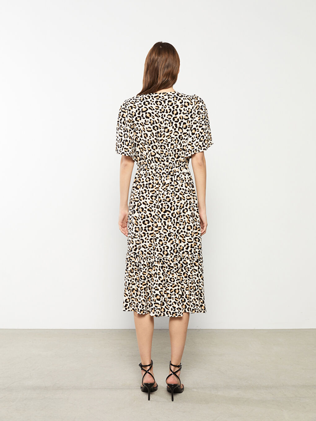 V Neck Patterned Short Sleeve Viscose Women Dress-4