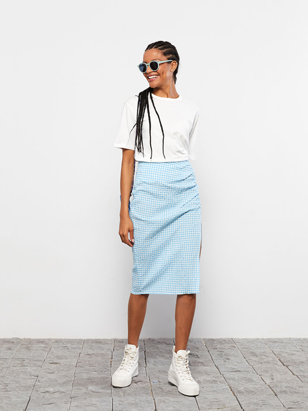 Zippered Waist Plaid Poplin Women's Skirt -S2JD12Z8-LLC