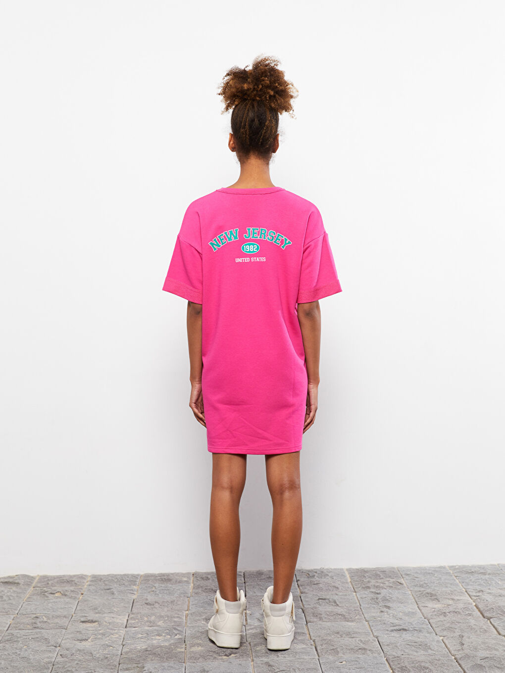 Fuşya Bisiklet Yaka Baskılı Kısa Kollu Kadın Elbise-4