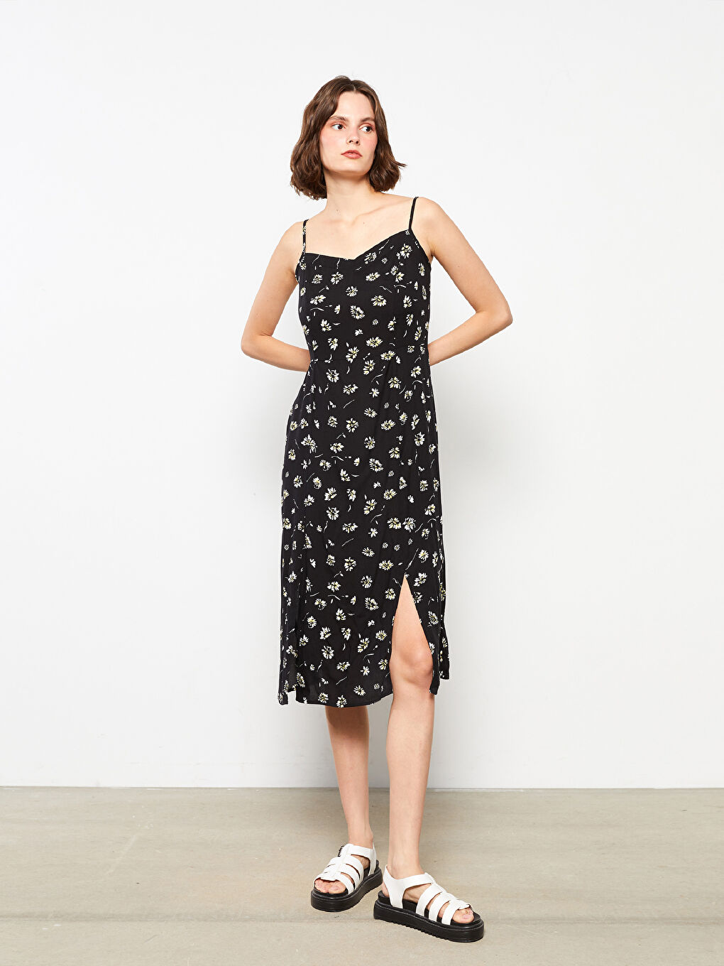 LCW Vision Herzausschnitt Blumig Riemchen Viskose Kleid für Damen -S2JD16Z8-LQJ