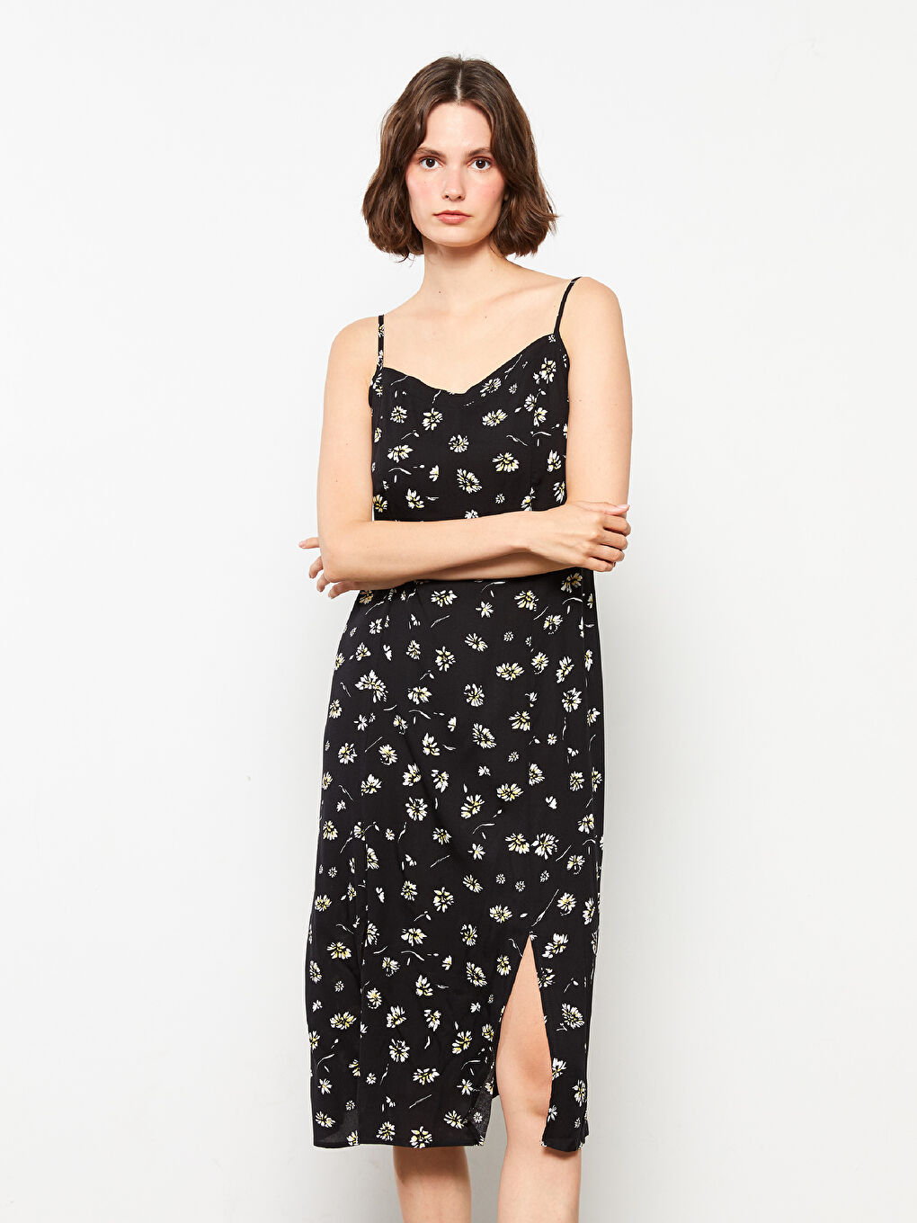 LCW Vision Herzausschnitt Blumig Riemchen Viskose Kleid für Damen -S2JD16Z8-LQJ