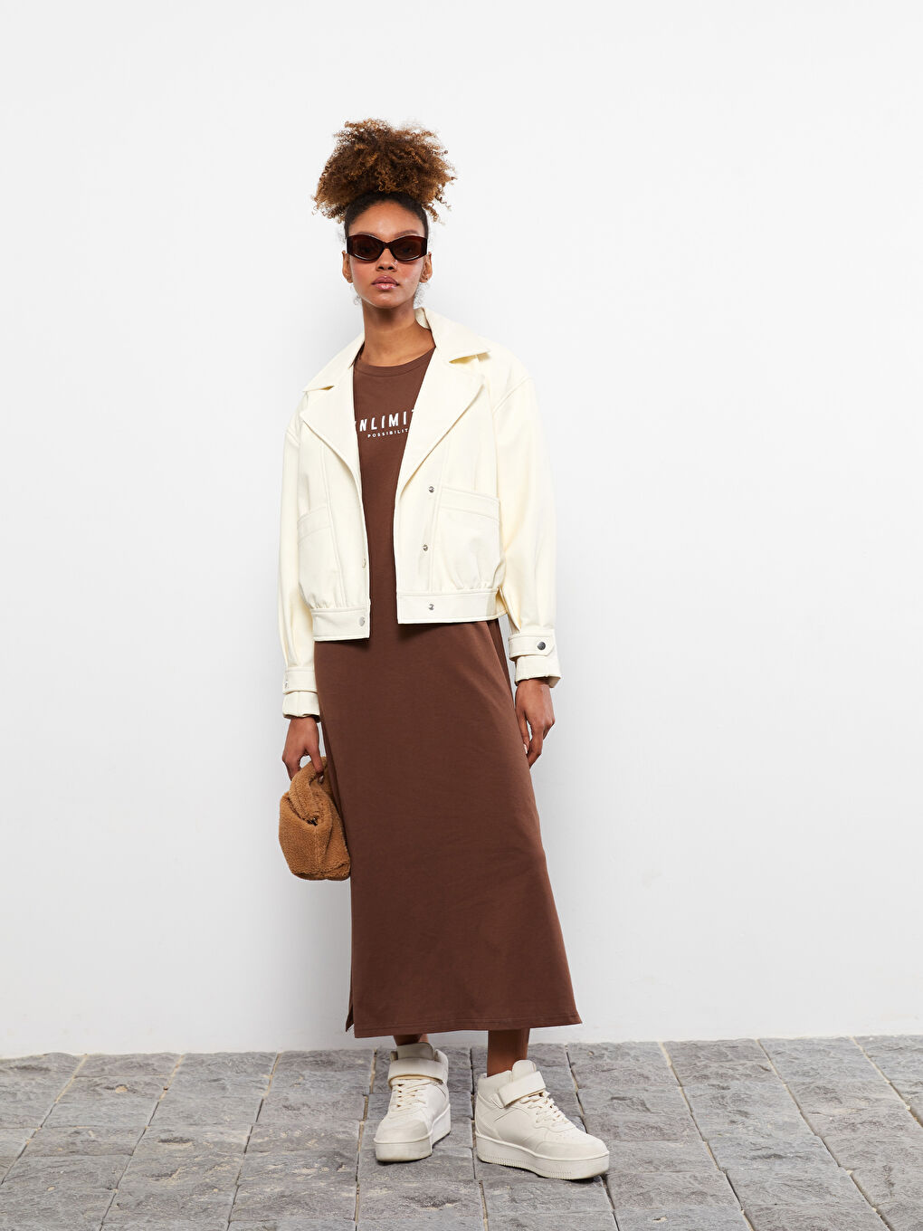 Kahverengi Bisiklet Yaka Baskılı Kısa Kollu Pamuklu Kadın Elbise