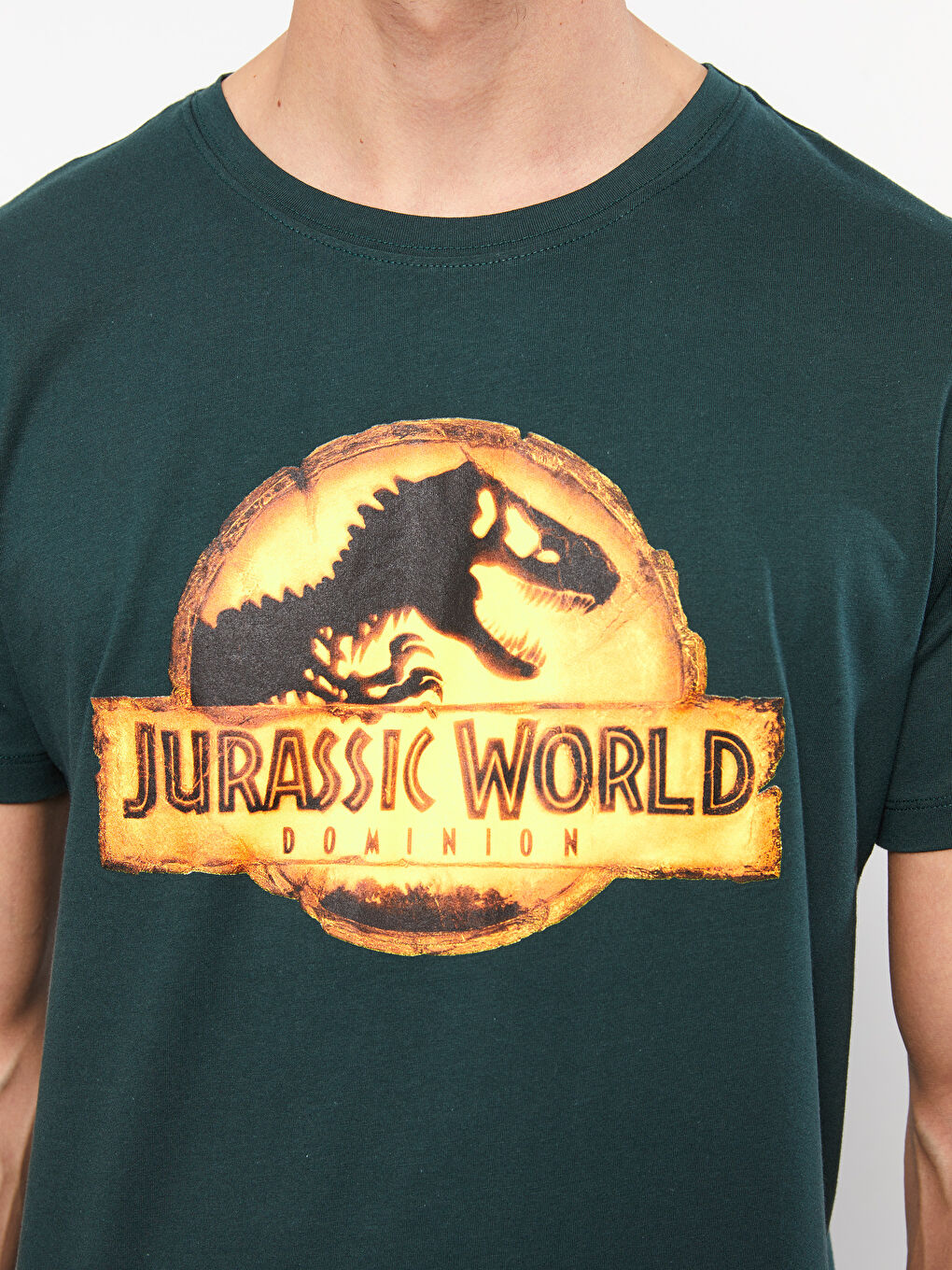 Yeşil Bisiklet Yaka Kısa Kollu Jurassic World Baskılı Penye Erkek Tişört-3