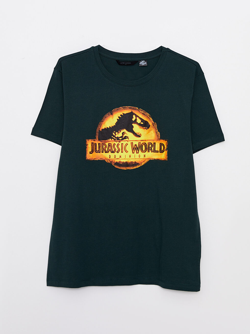 Yeşil Bisiklet Yaka Kısa Kollu Jurassic World Baskılı Penye Erkek Tişört-5