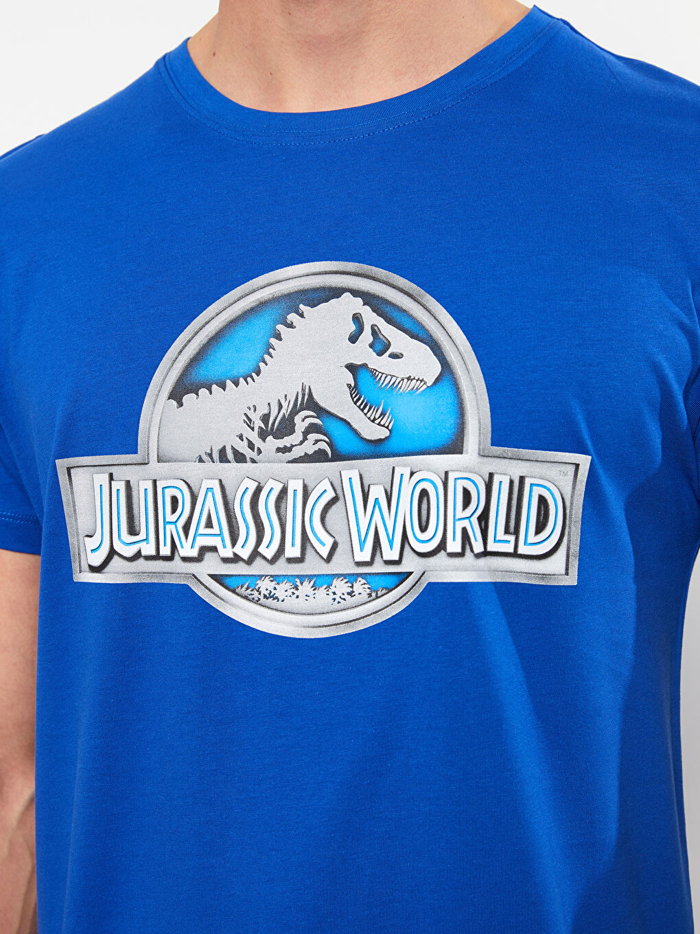 Mavi Bisiklet Yaka Kısa Kollu Jurassic World Baskılı Penye Erkek Tişört-3