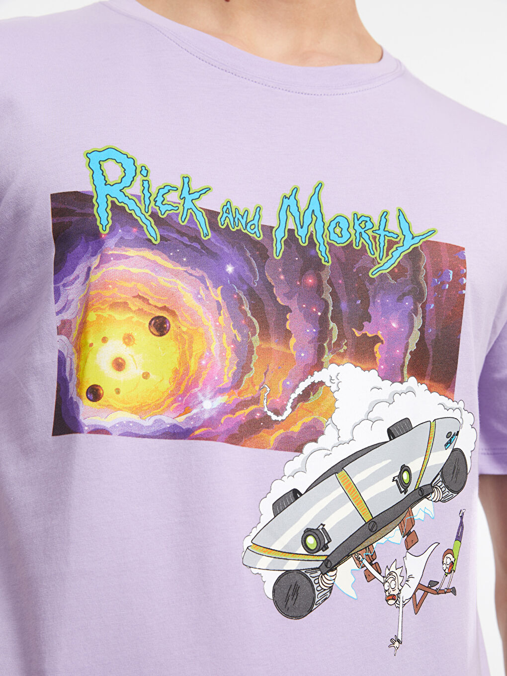 Lila Bisiklet Yaka Kısa Kollu Rick and Morty Baskılı Penye Erkek Tişört-2
