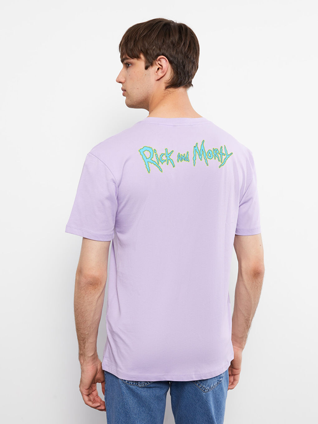 Lila Bisiklet Yaka Kısa Kollu Rick and Morty Baskılı Penye Erkek Tişört-3