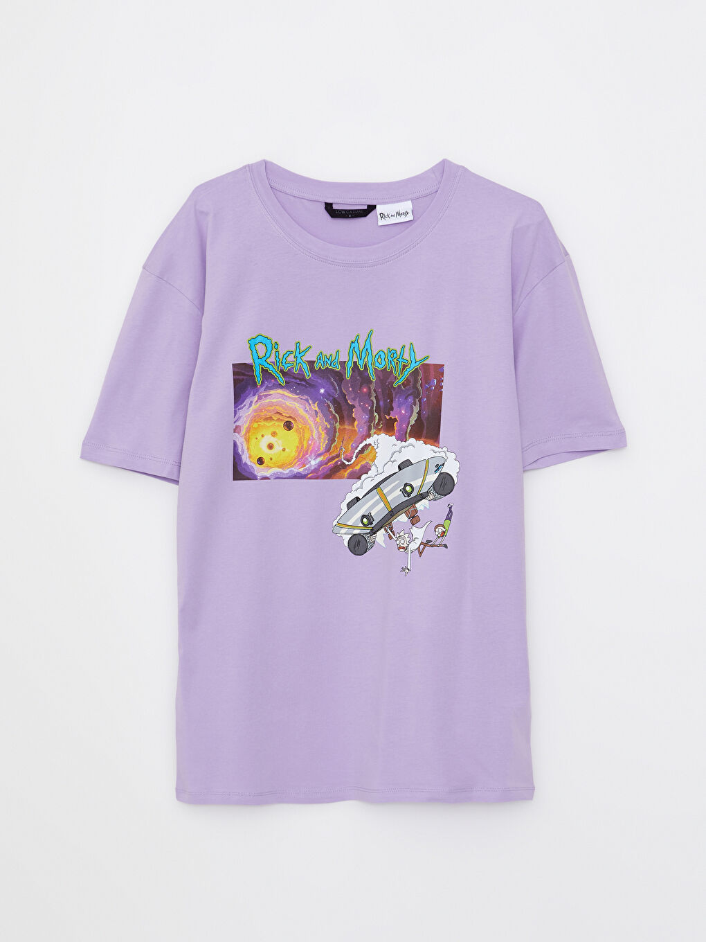Lila Bisiklet Yaka Kısa Kollu Rick and Morty Baskılı Penye Erkek Tişört-4