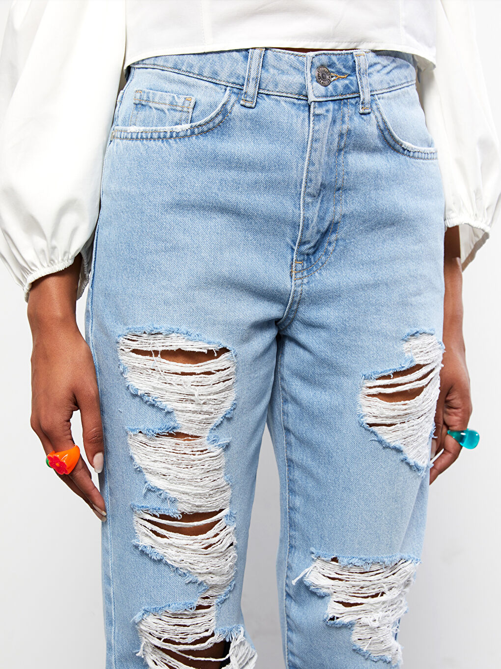 Women's High Waist Straight Fit Ripped Detailed Jean Trousers-2