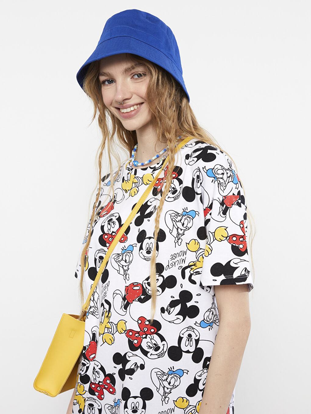 Beyaz Bisiklet Yaka Mickey Mouse Baskılı Kısa Kollu Pamuklu Kadın Elbise-2