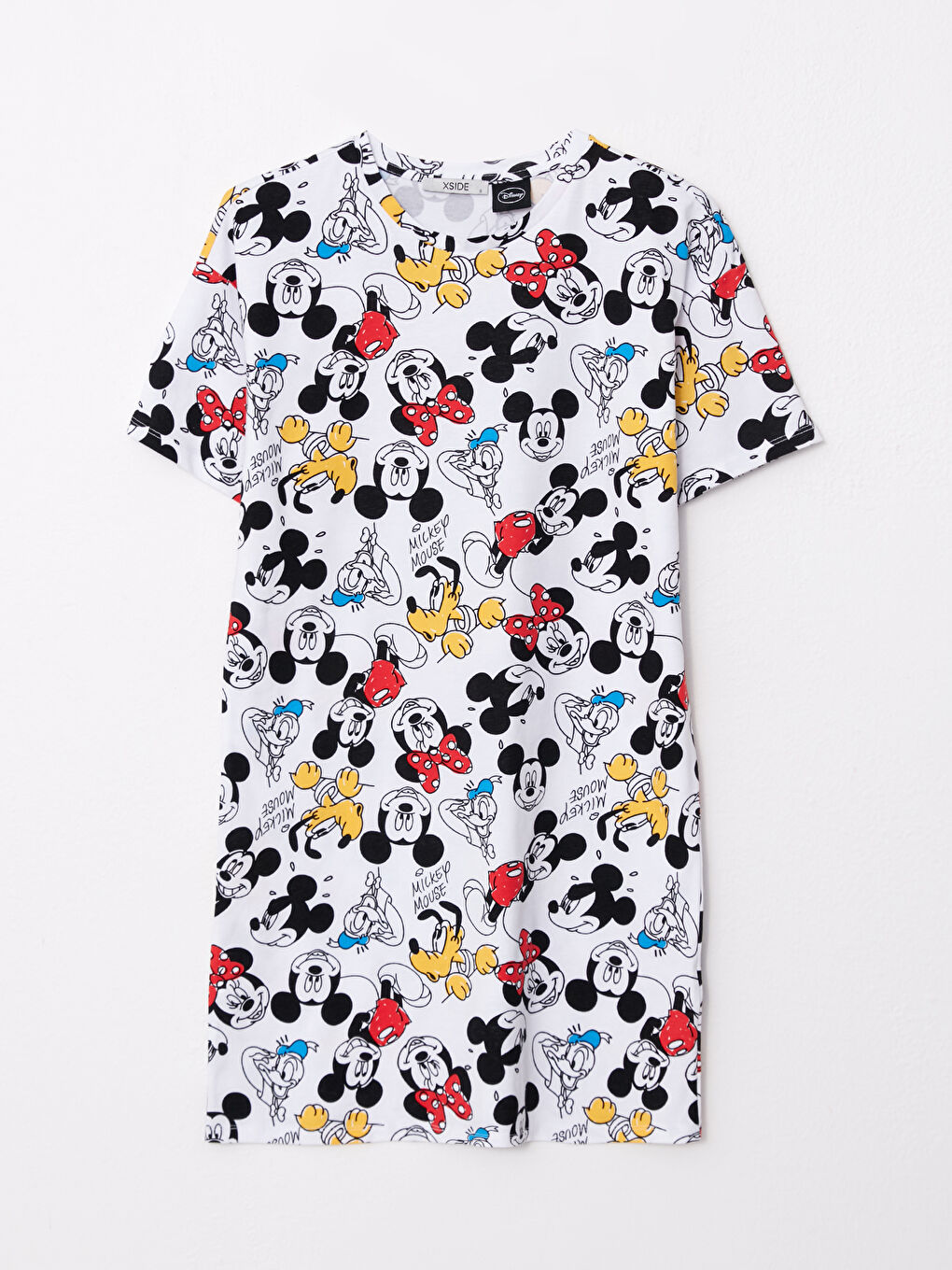 Beyaz Bisiklet Yaka Mickey Mouse Baskılı Kısa Kollu Pamuklu Kadın Elbise-5