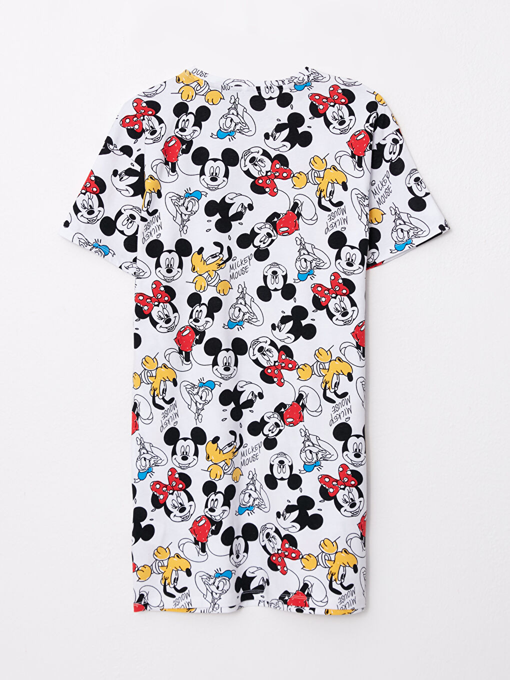 Beyaz Bisiklet Yaka Mickey Mouse Baskılı Kısa Kollu Pamuklu Kadın Elbise-6