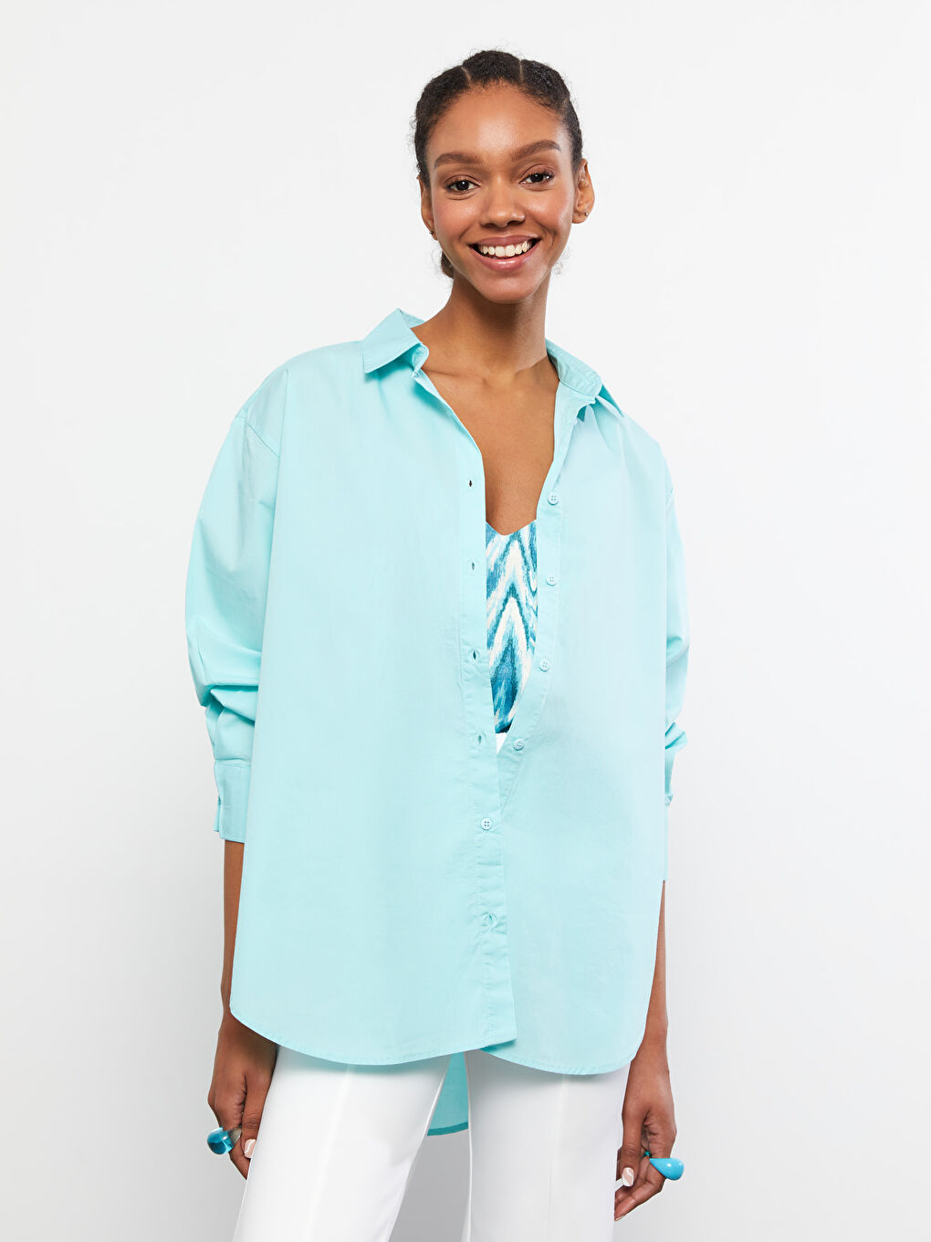 Turkuaz Önden Düğme Kapamalı Düz Uzun Kollu Poplin Kadın Gömlek-1