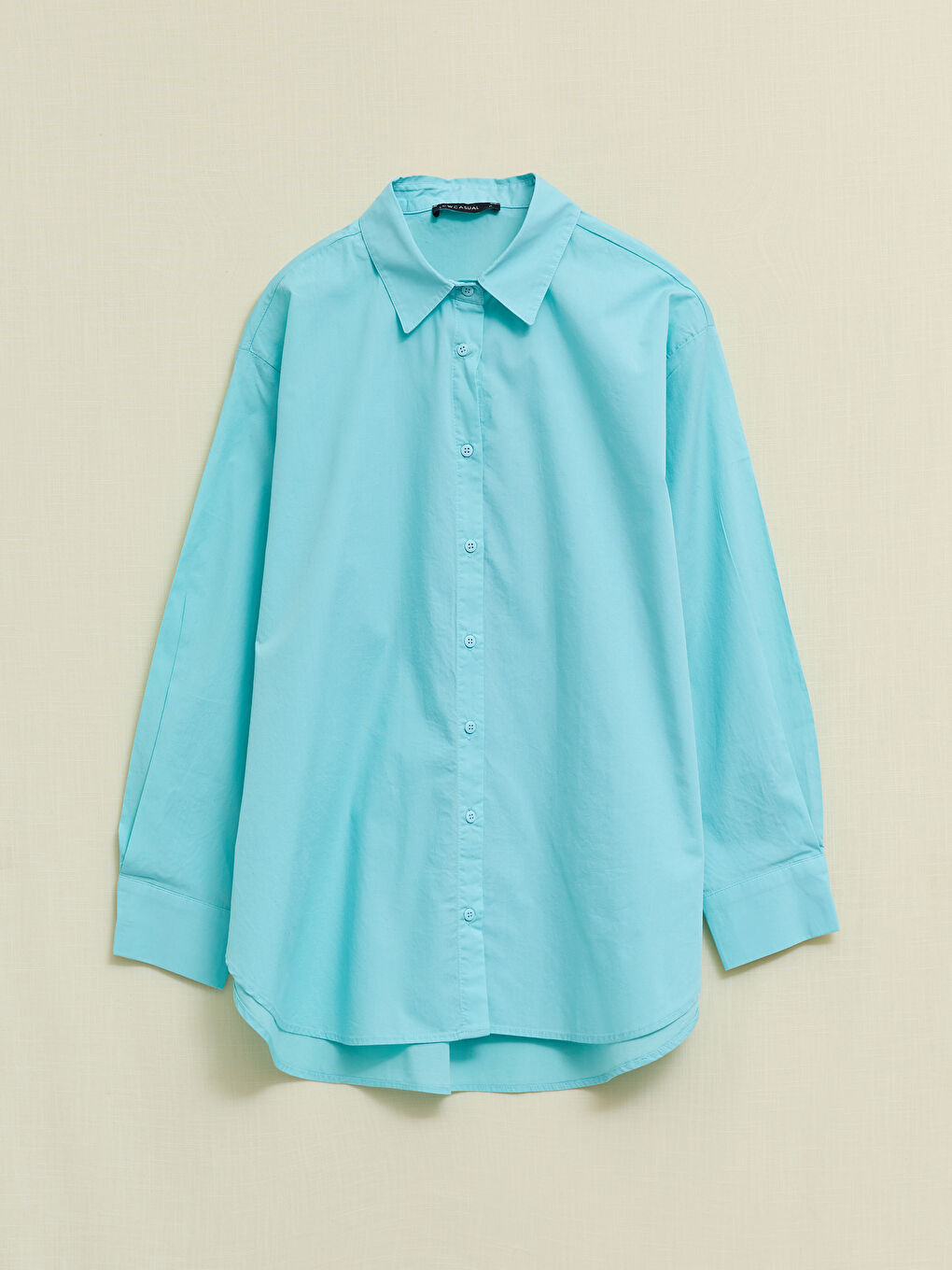 Turkuaz Önden Düğme Kapamalı Düz Uzun Kollu Poplin Kadın Gömlek-5