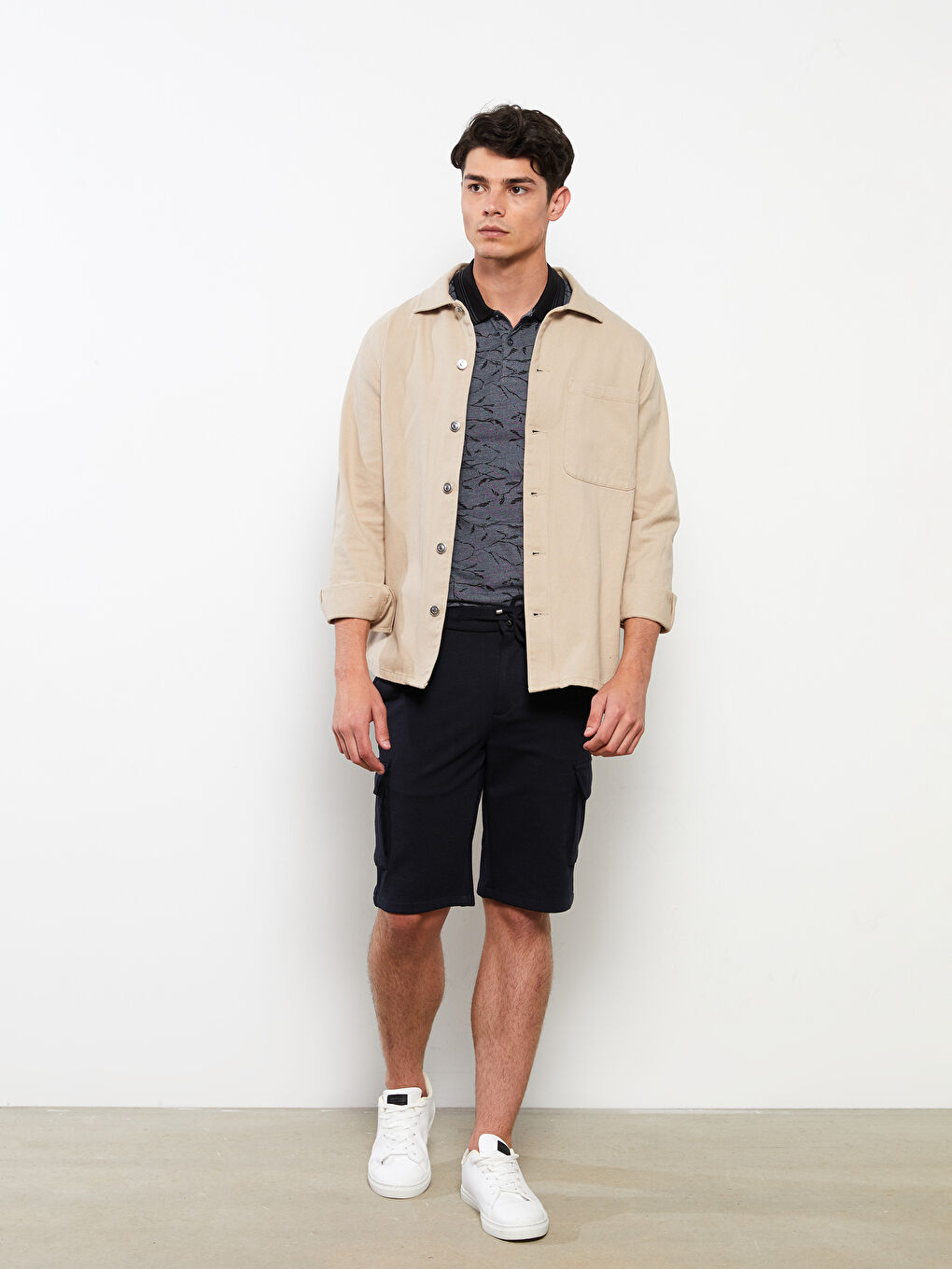 Lacivert Slim Fit Beli Bağlama Detaylı Erkek Şort-1