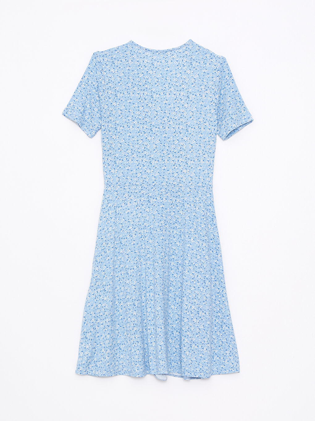 Mavi Kruvaze Yaka Çiçekli Kısa Kollu Kadın Elbise-6