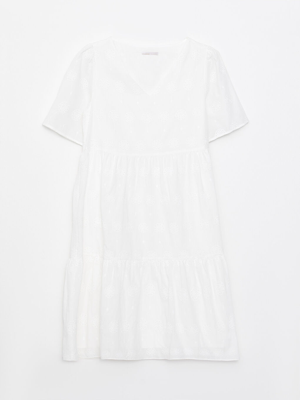 Ekru V Yaka Desenli Kısa Kollu Poplin Kadın Elbise-5