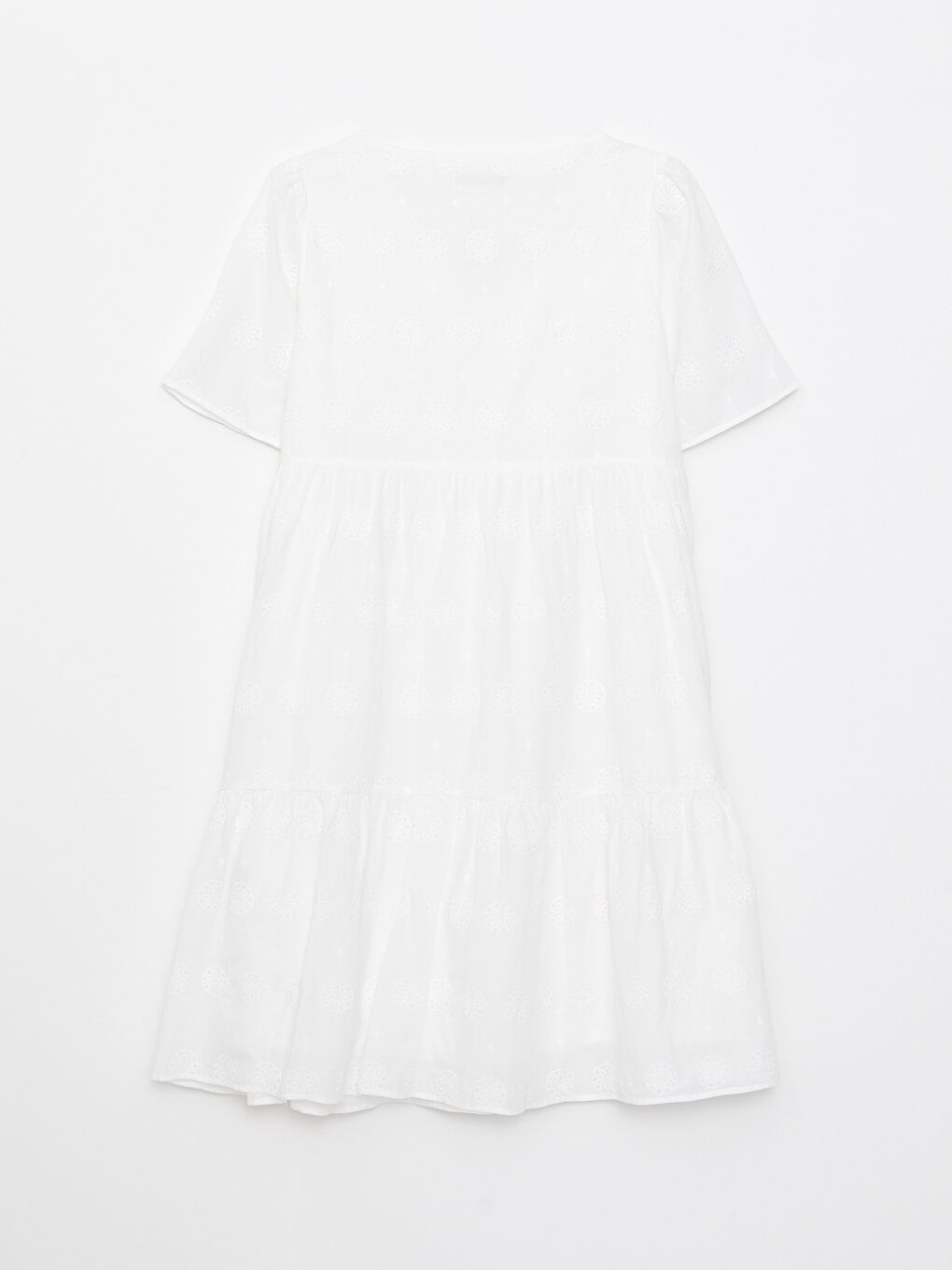 Ekru V Yaka Desenli Kısa Kollu Poplin Kadın Elbise-6