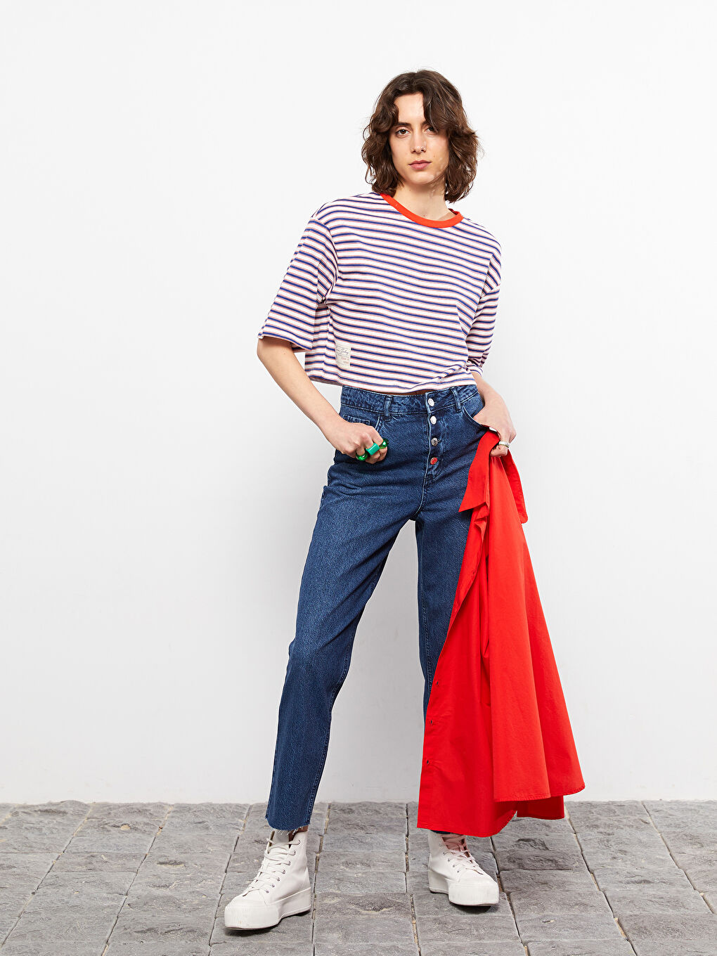 Tricou pentru Femei cu Guler Rotund, Vărgat, din Bumbac, cu Mânecă Scurtă