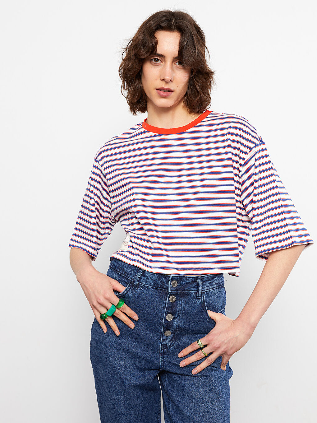 Tricou pentru Femei cu Guler Rotund, Vărgat, din Bumbac, cu Mânecă Scurtă-1