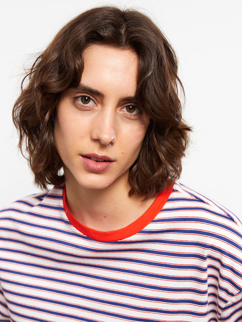 Tricou pentru Femei cu Guler Rotund, Vărgat, din Bumbac, cu Mânecă Scurtă-2