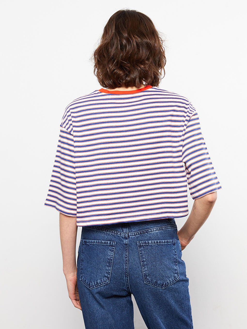 Tricou pentru Femei cu Guler Rotund, Vărgat, din Bumbac, cu Mânecă Scurtă-4