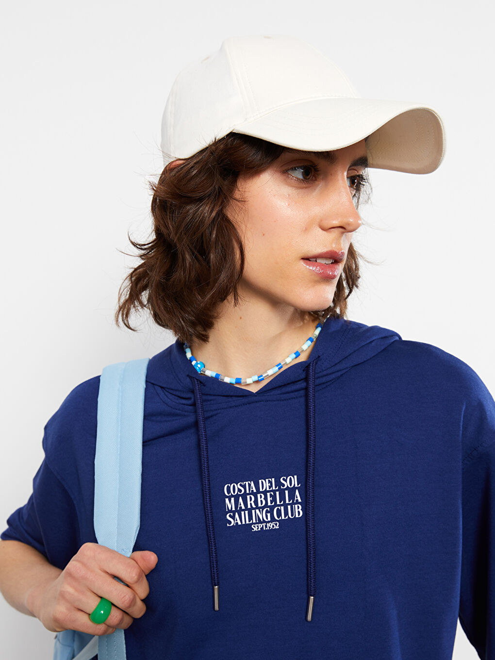 Lacivert Baskılı Kısa Kollu Kadın Hoodie-2