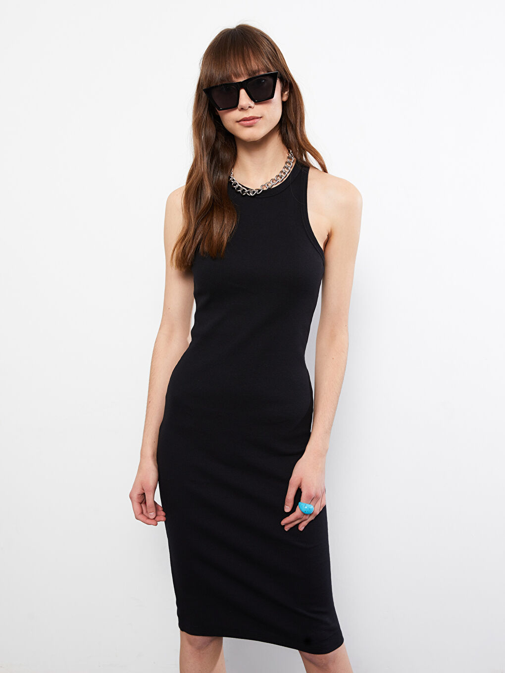 Halter Neck Plain Sleeveless Cotton Women's Bodycon Dress -S2JF54Z8-CVL