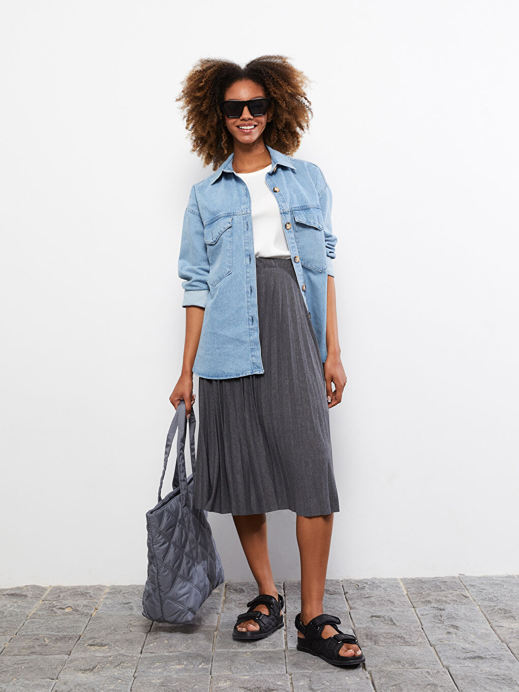 Antrasit Beli Lastikli Kadın Pileli Etek