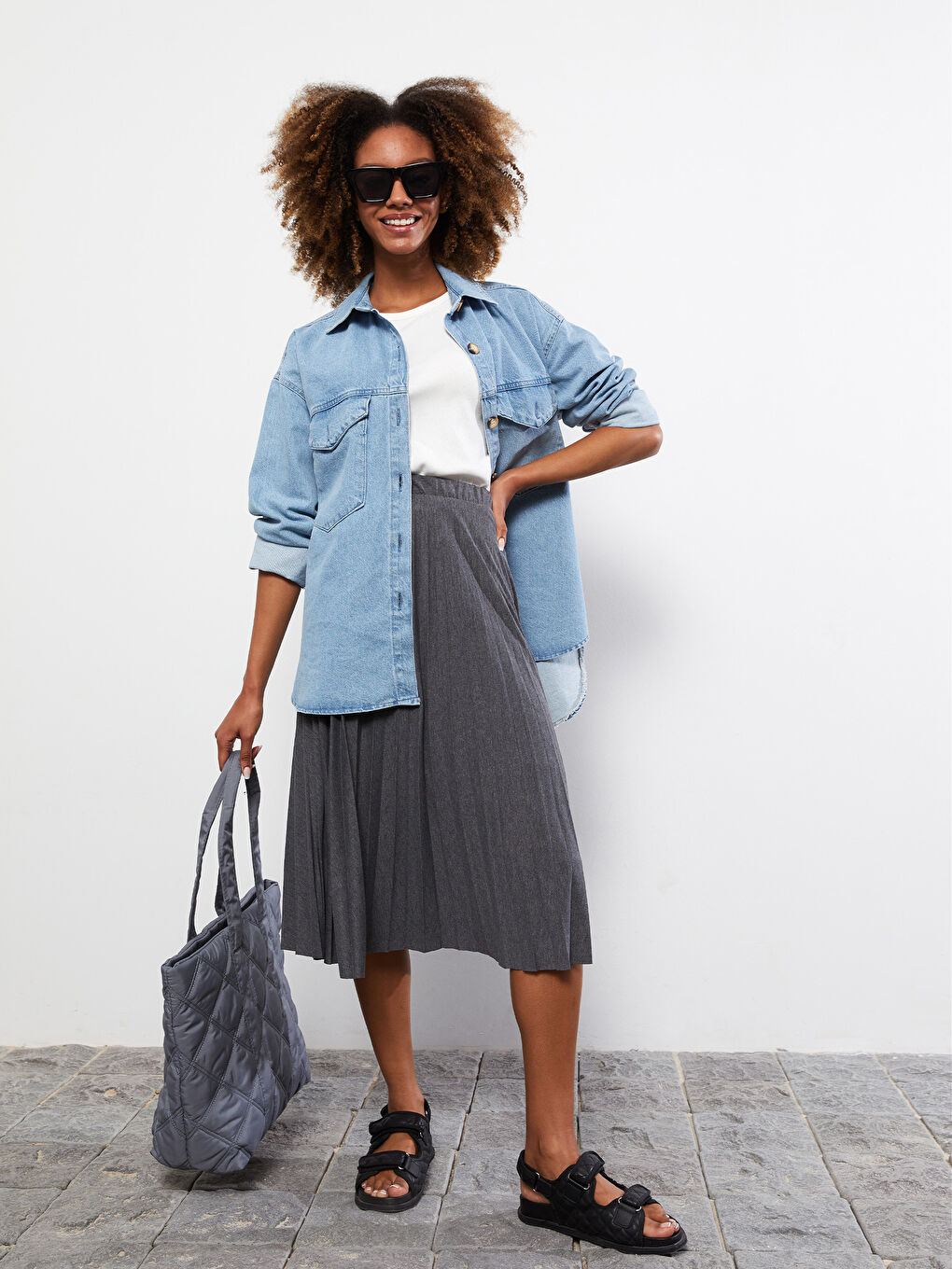 Antrasit Beli Lastikli Kadın Pileli Etek-2