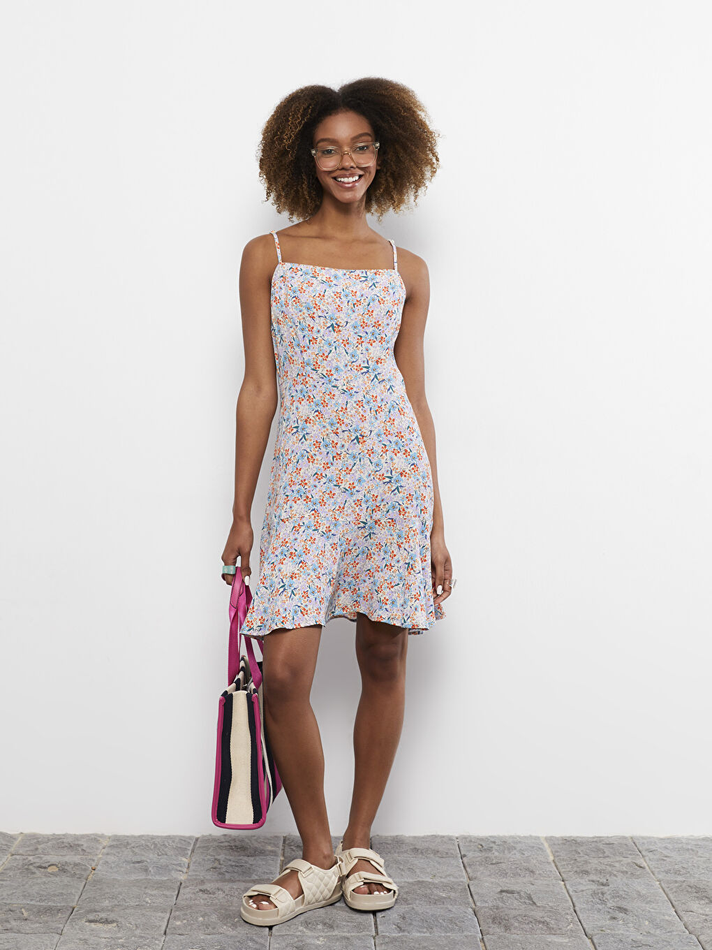 Square Neck Floral Strappy Poplin Woman Dress -S2JF58Z8-LSC