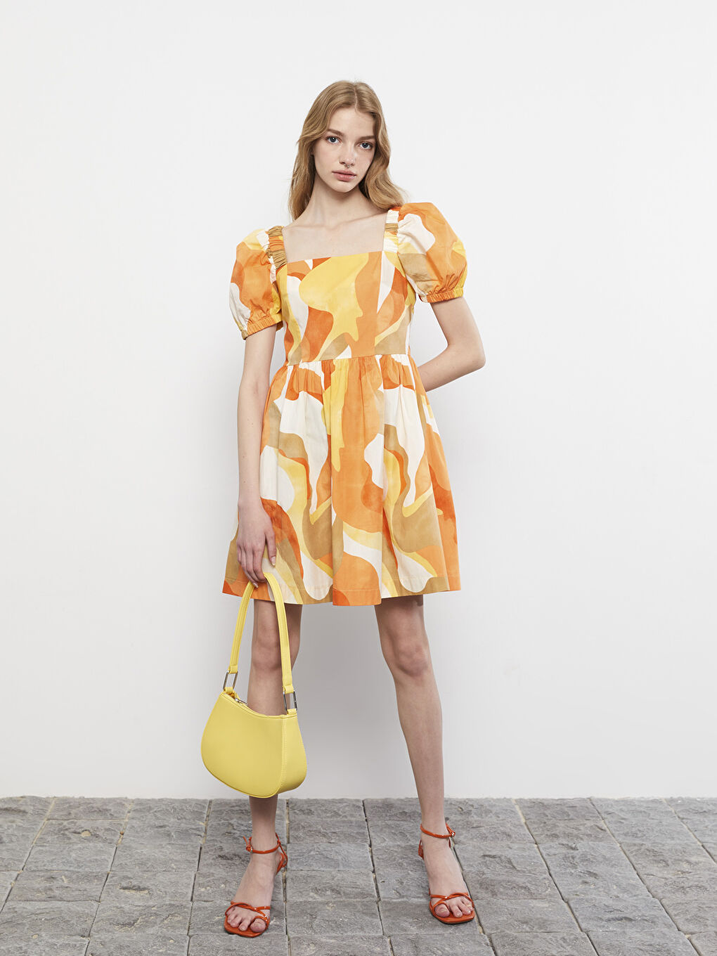 Square Neck Patterned Balloon Sleeve Poplin Women's Dress -S2JF75Z8-LQX