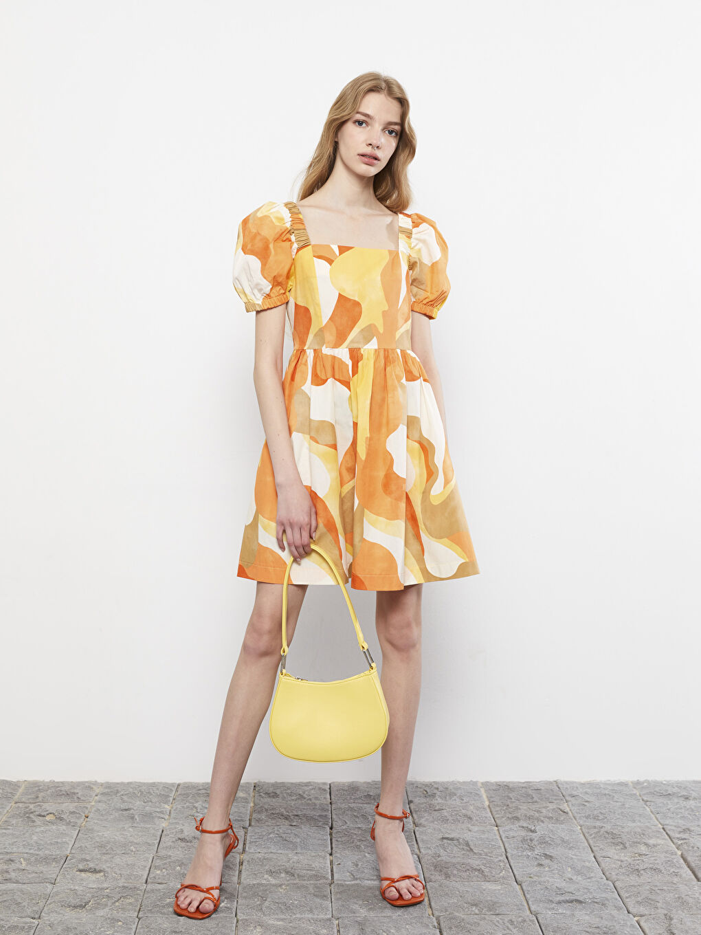Square Neck Patterned Balloon Sleeve Poplin Women's Dress -S2JF75Z8-LQX