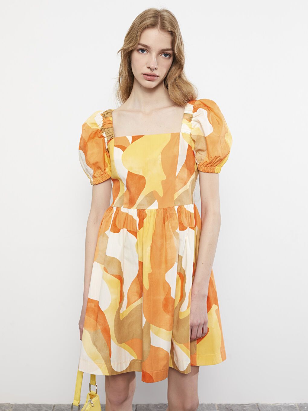 Square Neck Patterned Balloon Sleeve Poplin Women's Dress -S2JF75Z8-LQX