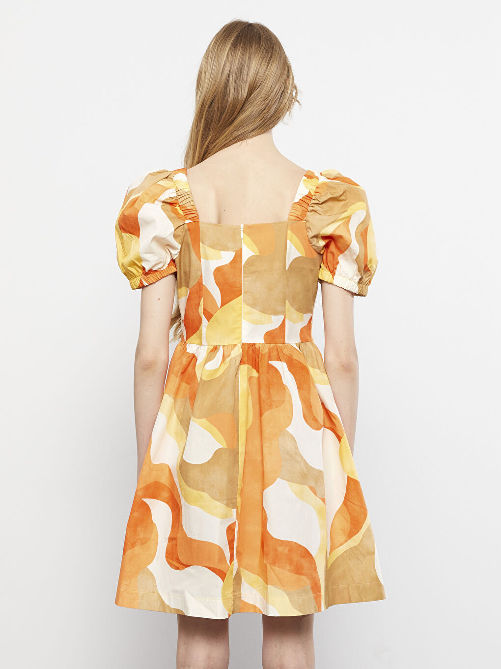 Square Neck Patterned Balloon Sleeve Poplin Women's Dress -S2JF75Z8-LQX
