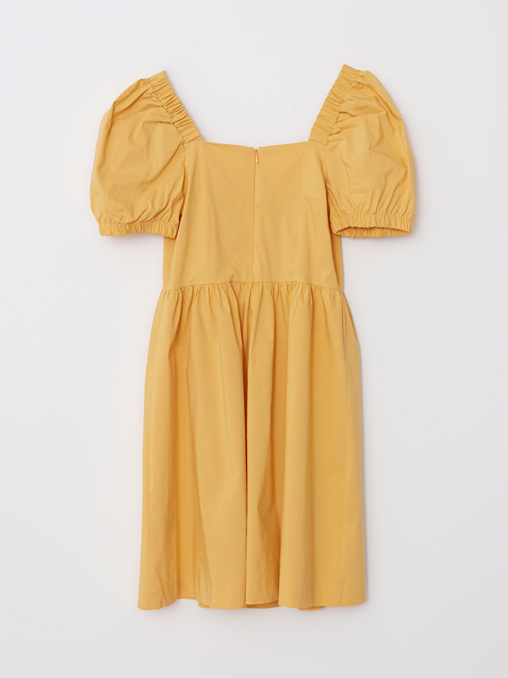 Sarı Kare Yaka Düz Balon Kollu A Kesim Poplin Kadın Elbise-6